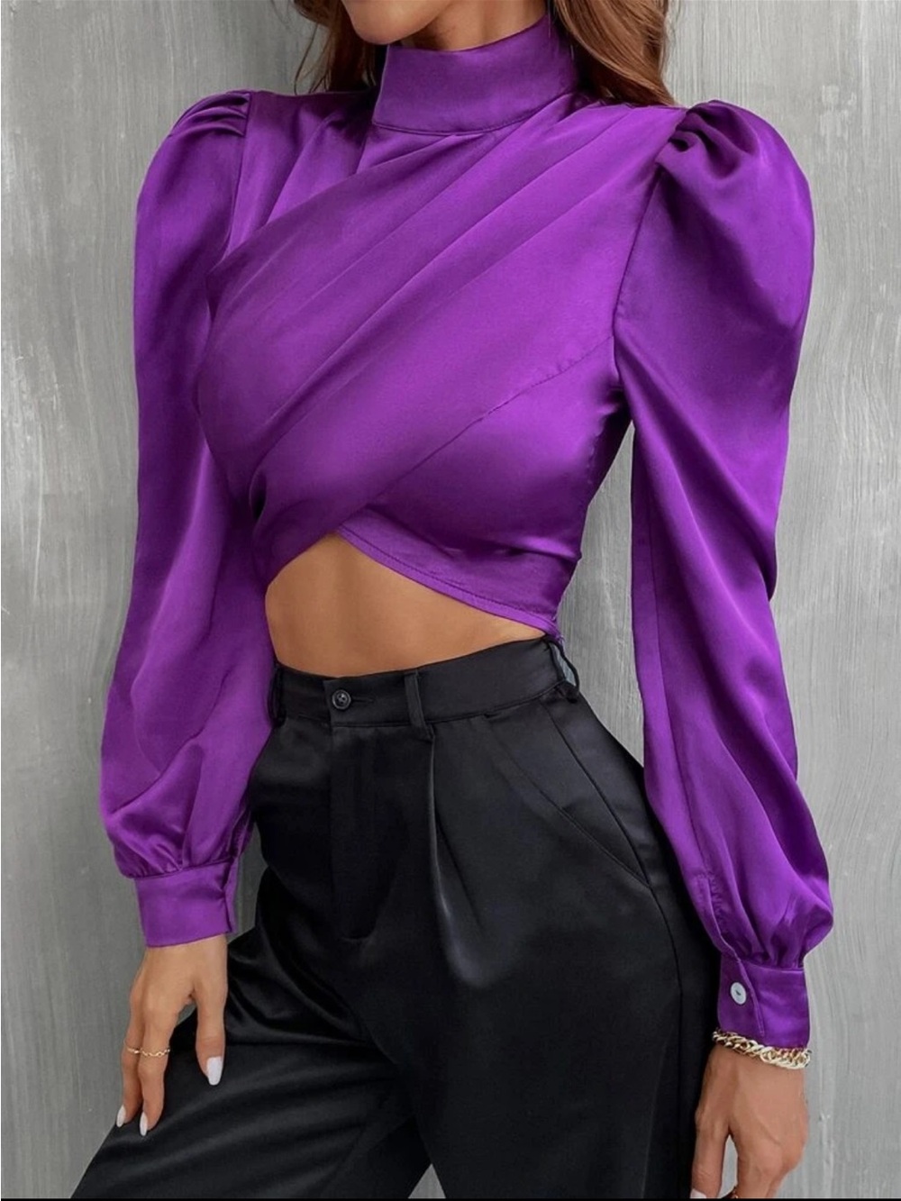 Satin Cut-Out Mock Neck Puffy Sleeve Top